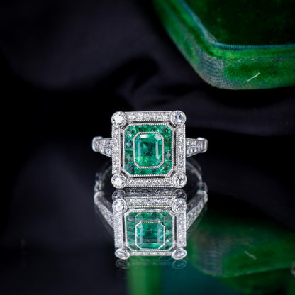 Art Deco Style Natural Emerald and Diamond Platinum Cocktail Ring
