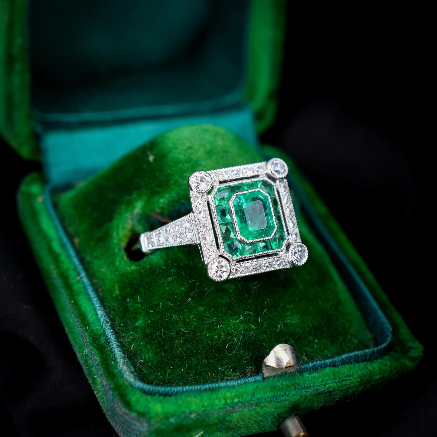 Art Deco Style Natural Emerald and Diamond Platinum Cocktail Ring