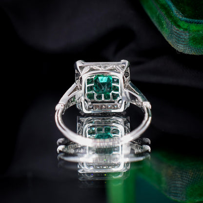Art Deco Style Natural Emerald and Diamond Platinum Cocktail Ring