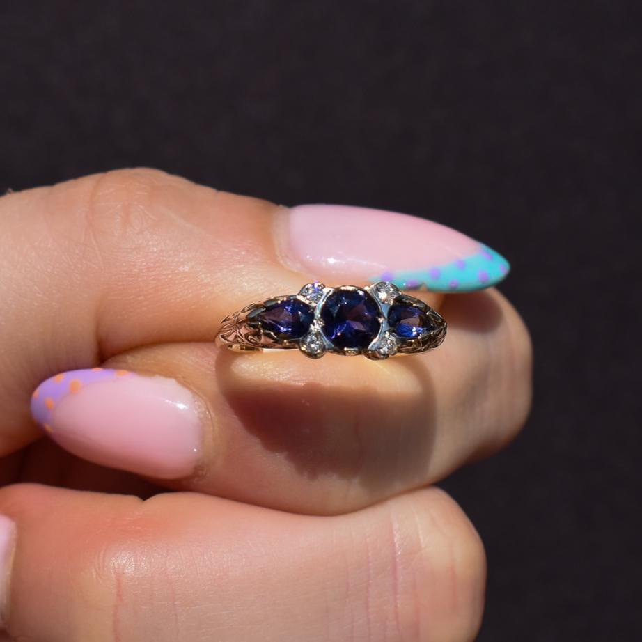 Blue Iolite and Diamond Three Stone 9ct Yellow Gold Scroll Ring Band | Antique Style
