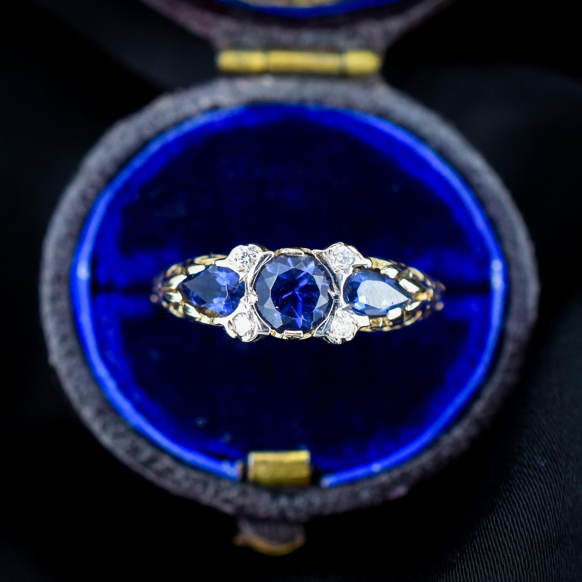 Blue Iolite and Diamond Three Stone 9ct Yellow Gold Scroll Ring Band | Antique Style