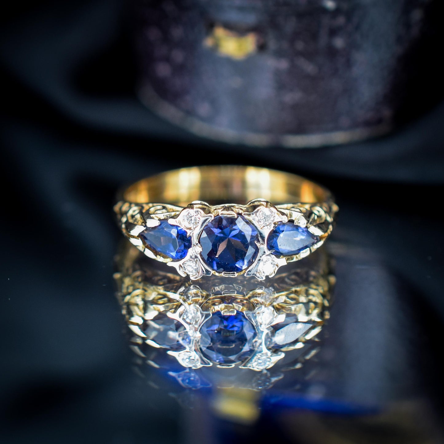Blue Iolite and Diamond Three Stone 9ct Yellow Gold Scroll Ring Band | Antique Style