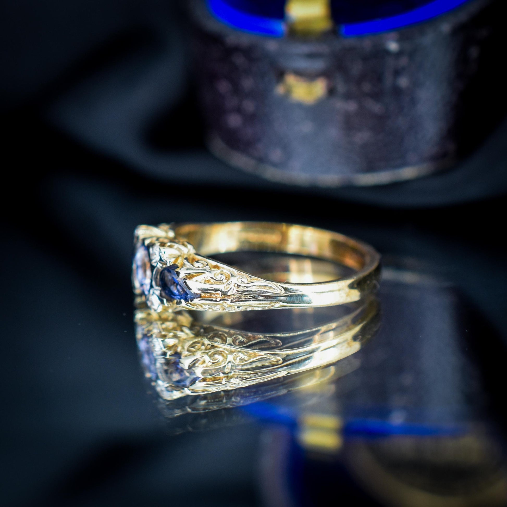 Blue Iolite and Diamond Three Stone 9ct Yellow Gold Scroll Ring Band | Antique Style
