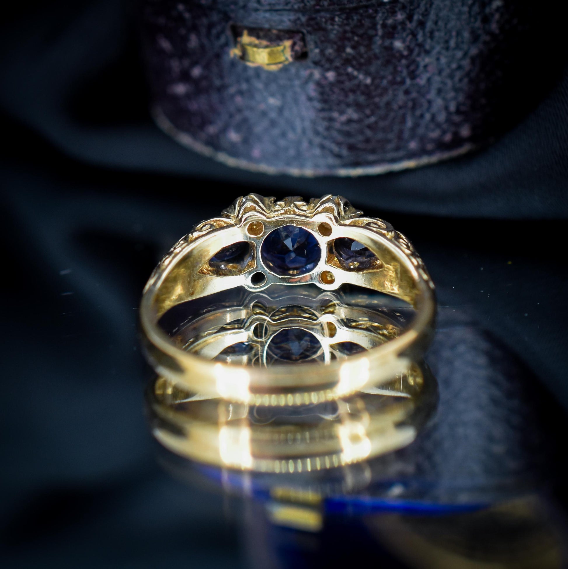 Blue Iolite and Diamond Three Stone 9ct Yellow Gold Scroll Ring Band | Antique Style