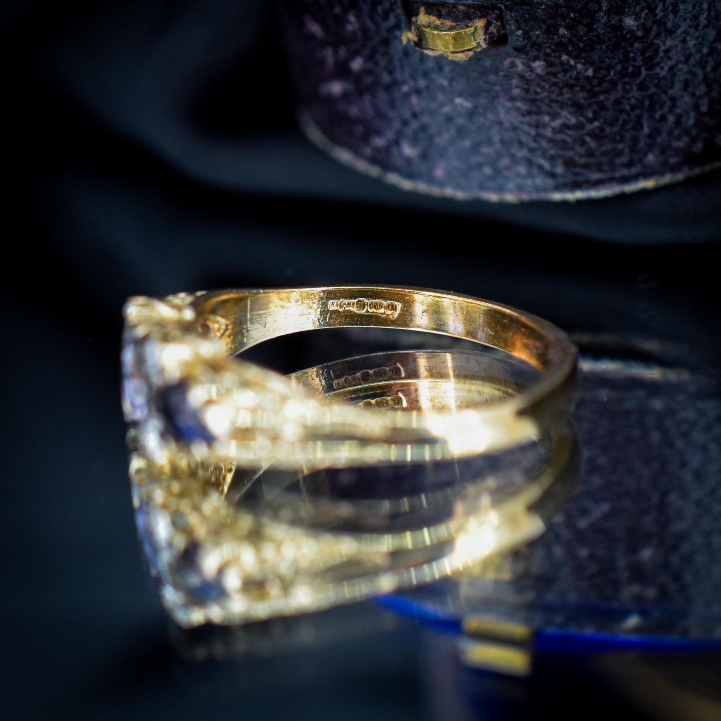 Blue Iolite and Diamond Three Stone 9ct Yellow Gold Scroll Ring Band | Antique Style
