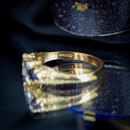 Blue Iolite and Diamond Three Stone 9ct Yellow Gold Scroll Ring Band | Antique Style