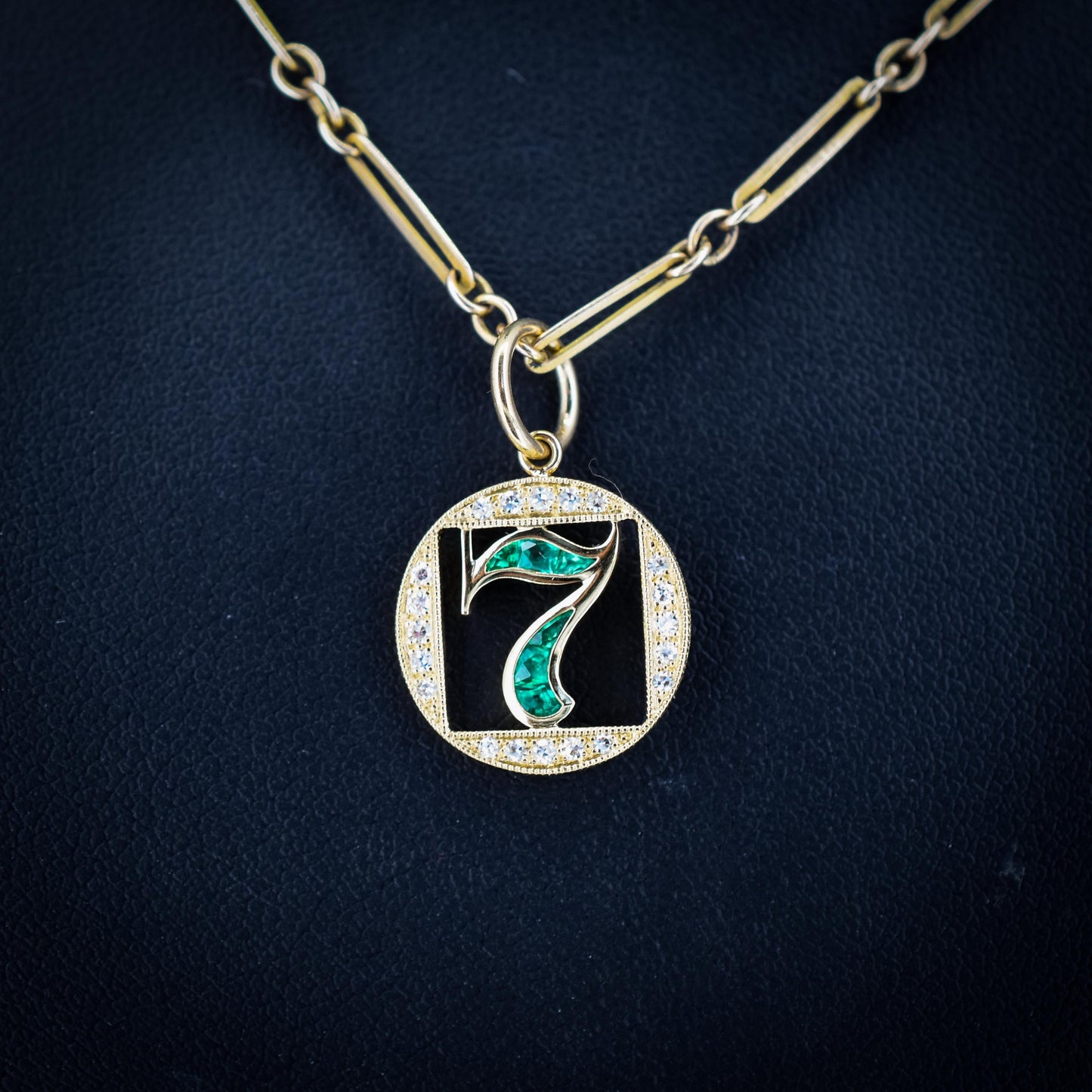 Diamond and Emerald Number Seven 'Lucky 7' 18ct Gold Charm Pendant