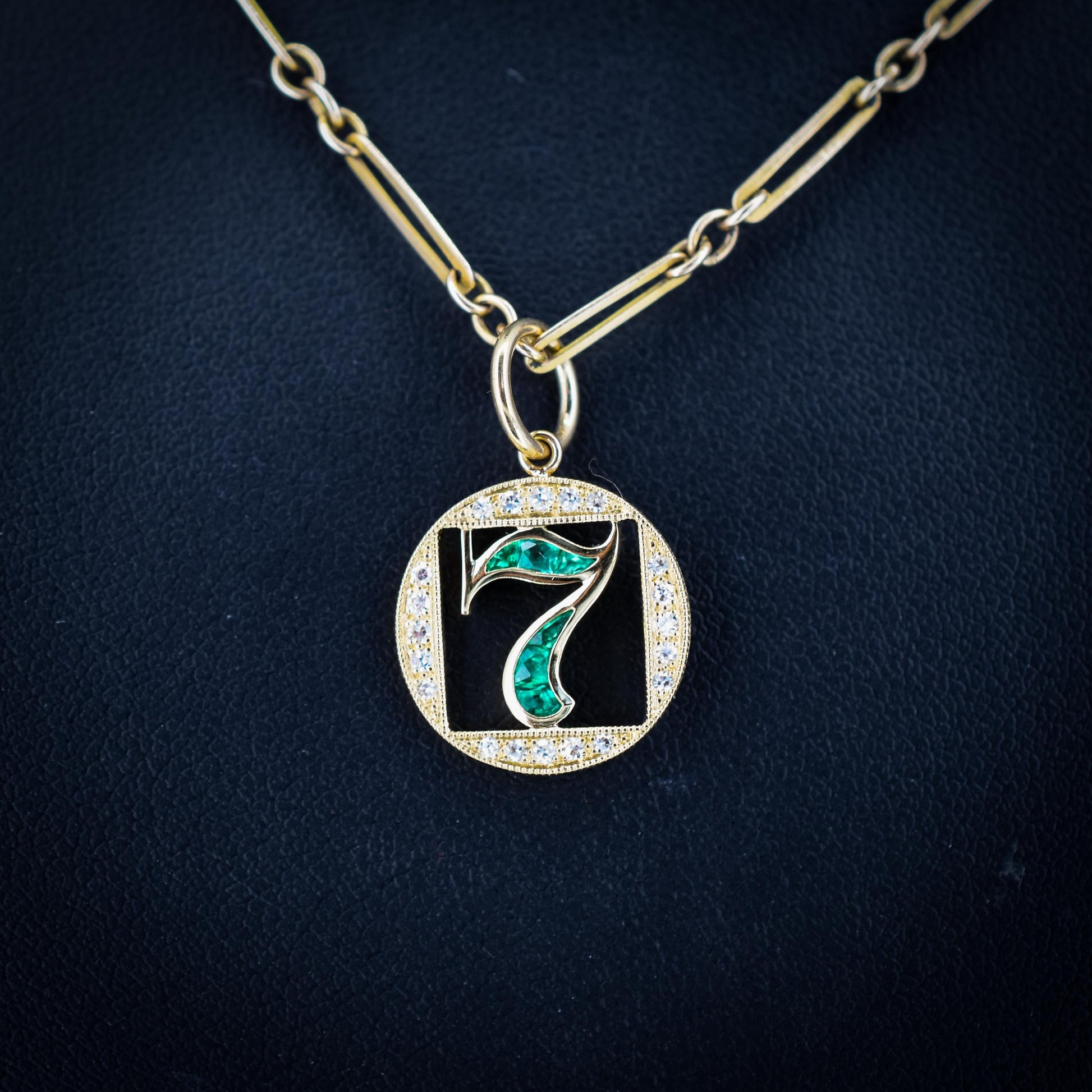 Diamond and Emerald Number Seven 'Lucky 7' 18ct Gold Charm Pendant