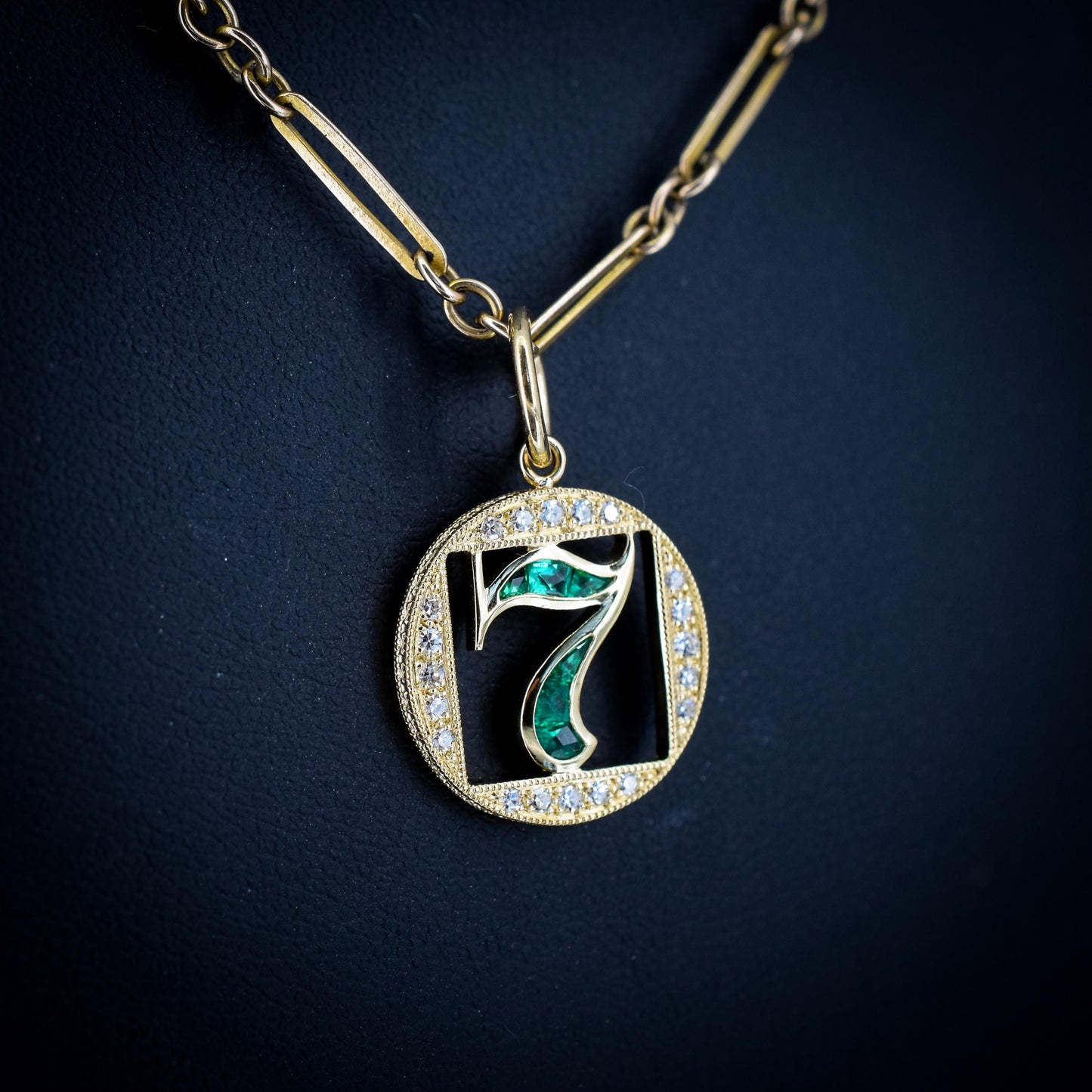Diamond and Emerald Number Seven 'Lucky 7' 18ct Gold Charm Pendant
