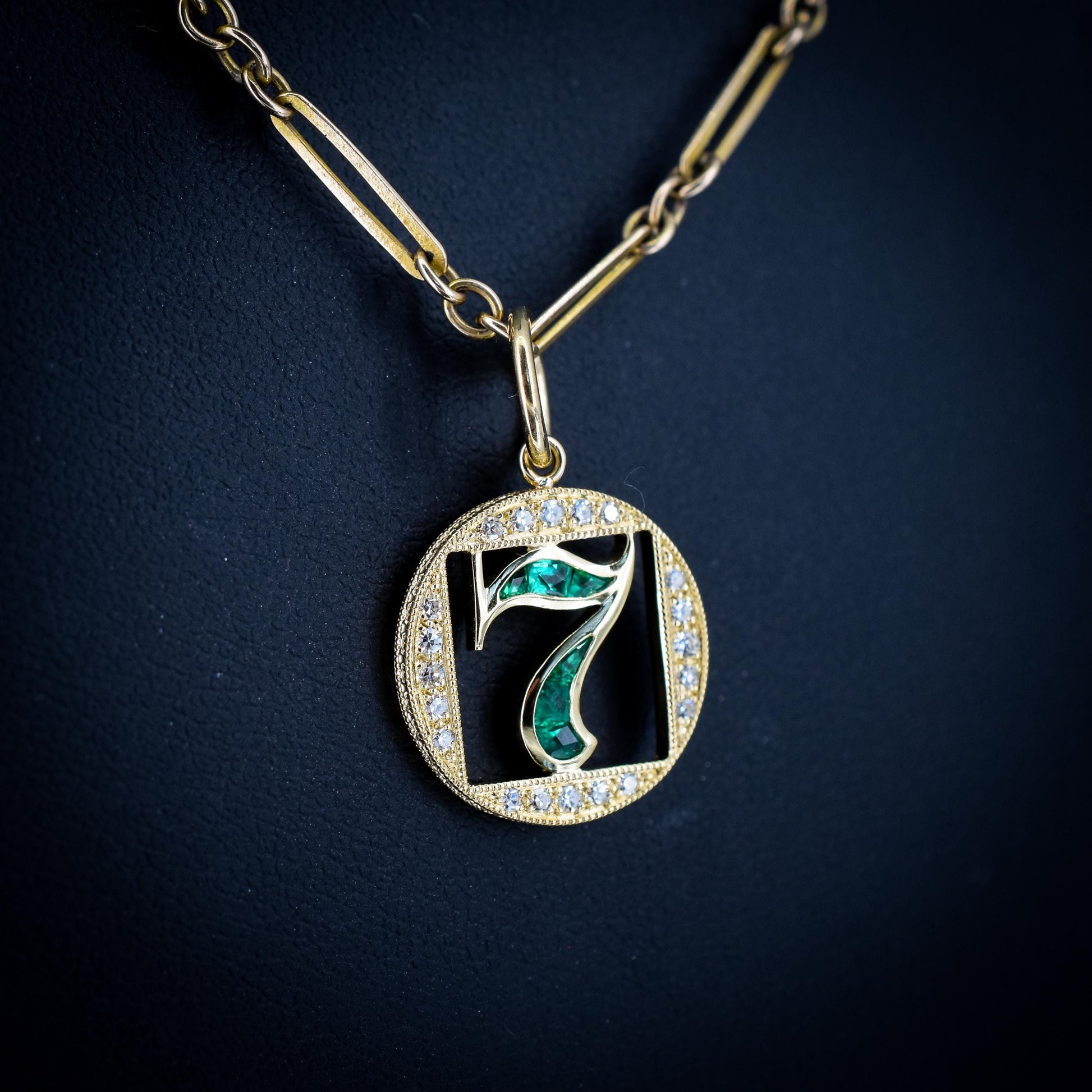Diamond and Emerald Number Seven 'Lucky 7' 18ct Gold Charm Pendant