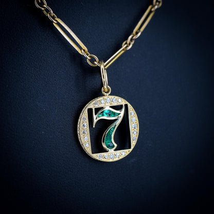 Diamond and Emerald Number Seven 'Lucky 7' 18ct Gold Charm Pendant