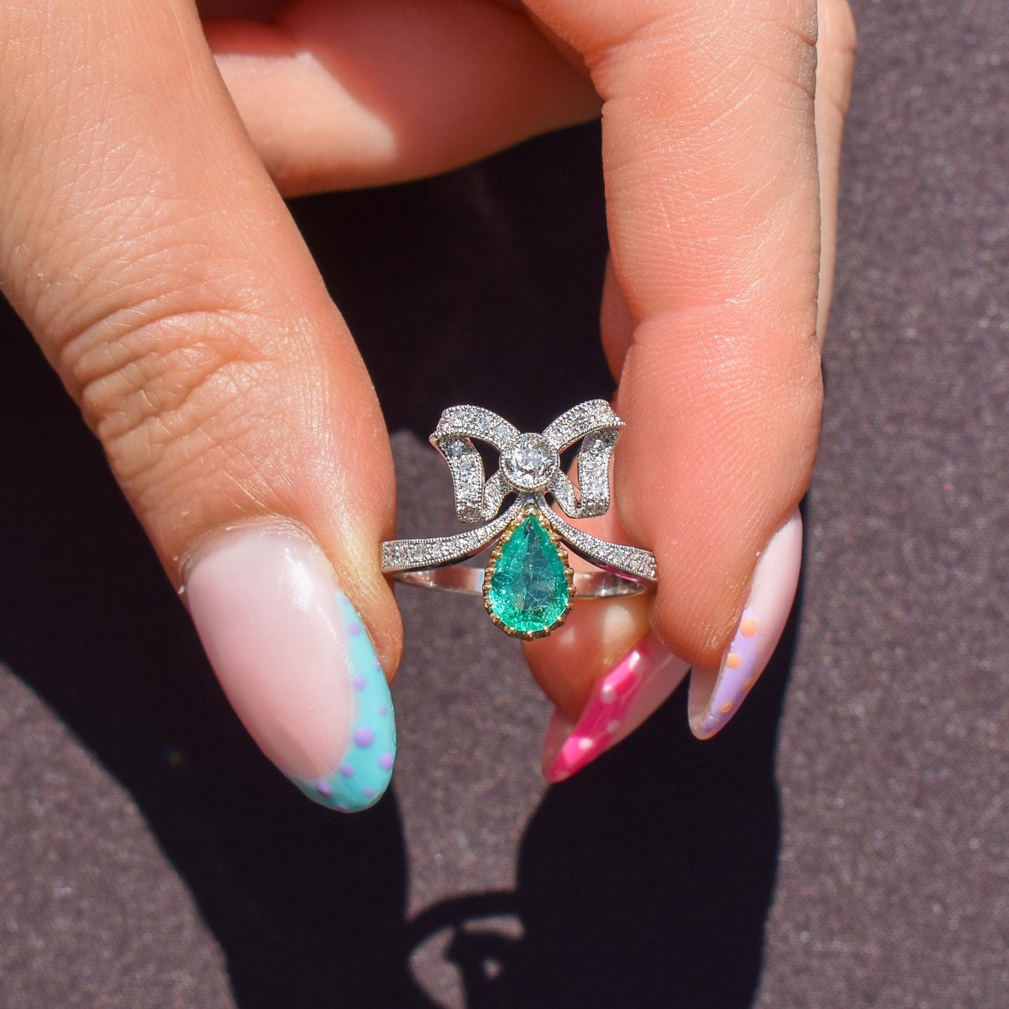 Pear Cut Emerald and Diamond Bow Platinum Tiara Ring | Engagement | Belle Epoque Style