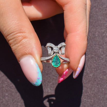 Pear Cut Emerald and Diamond Bow Platinum Tiara Ring | Engagement | Belle Epoque Style