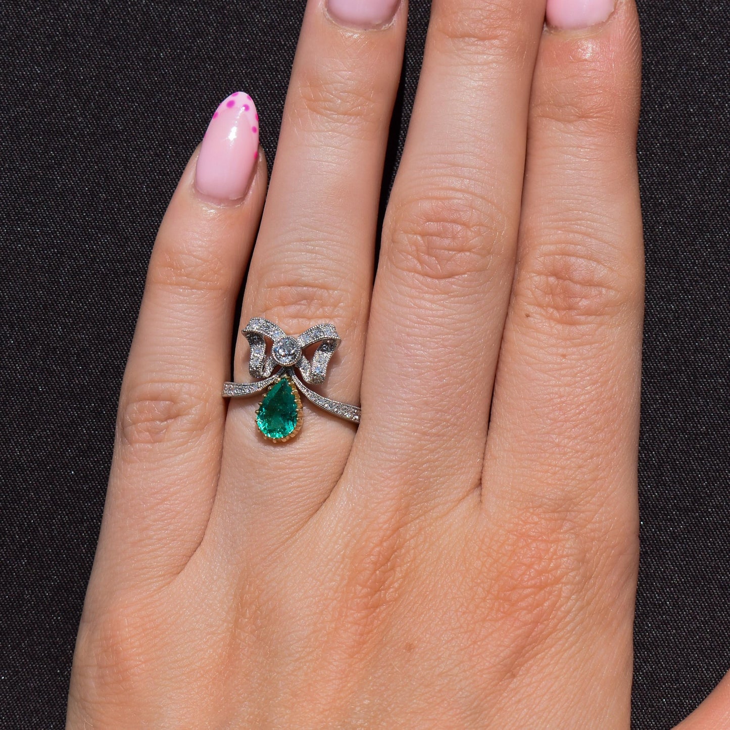 Pear Cut Emerald and Diamond Bow Platinum Tiara Ring | Engagement | Belle Epoque Style
