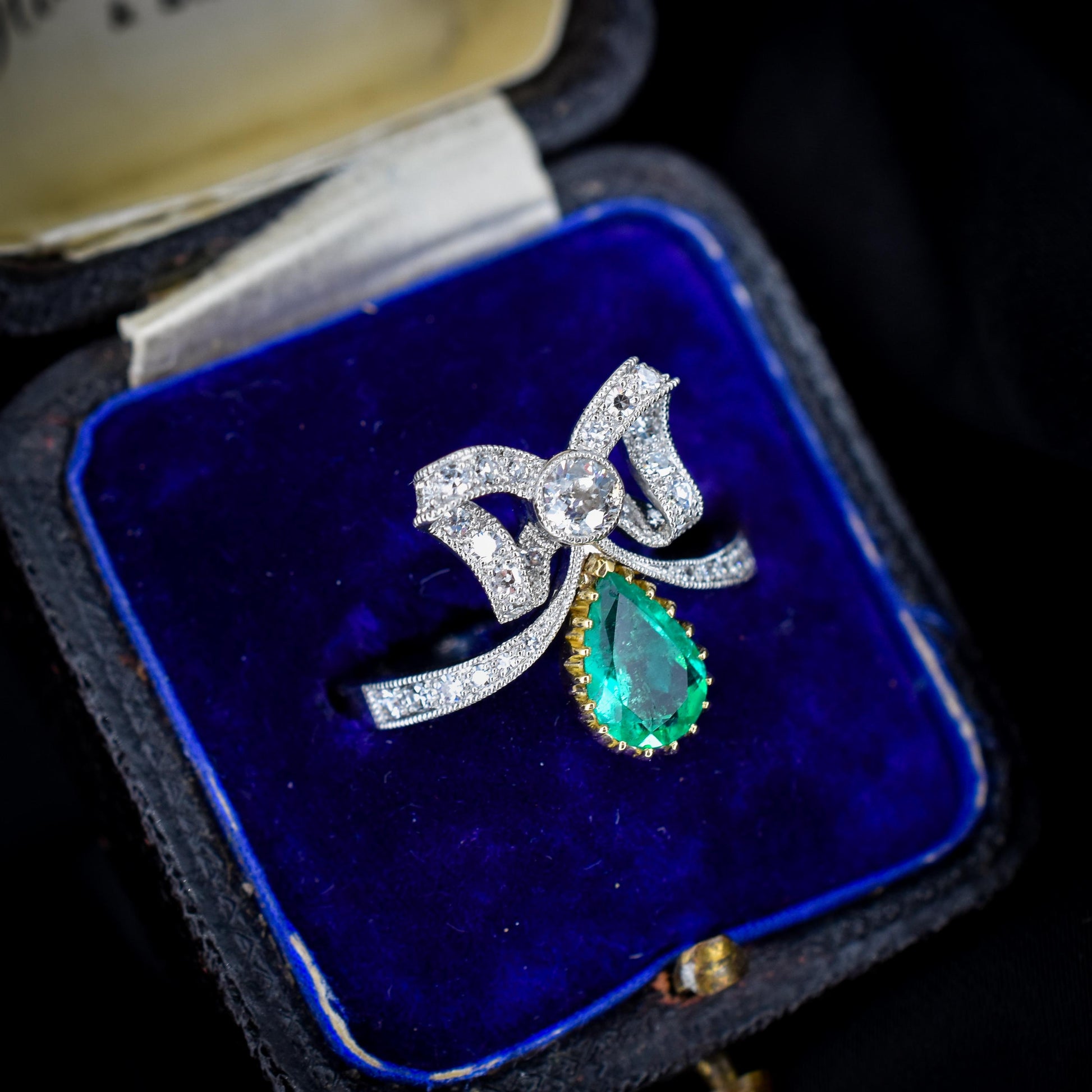 Pear Cut Emerald and Diamond Bow Platinum Tiara Ring | Engagement | Belle Epoque Style