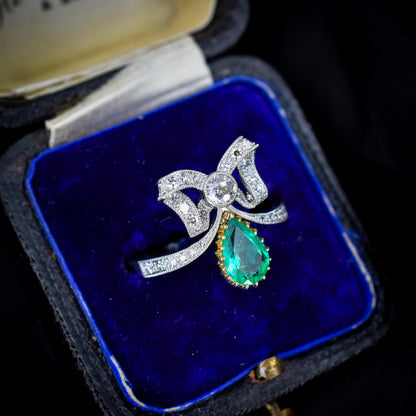 Pear Cut Emerald and Diamond Bow Platinum Tiara Ring | Engagement | Belle Epoque Style