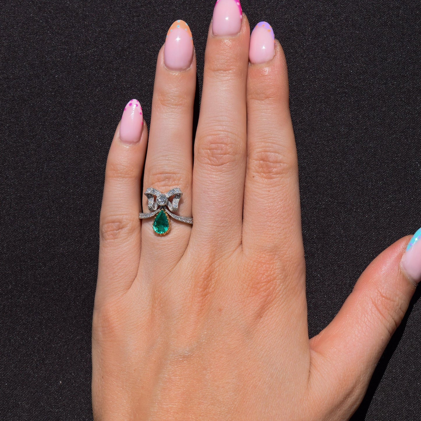 Pear Cut Emerald and Diamond Bow Platinum Tiara Ring | Engagement | Belle Epoque Style