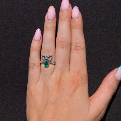 Pear Cut Emerald and Diamond Bow Platinum Tiara Ring | Engagement | Belle Epoque Style