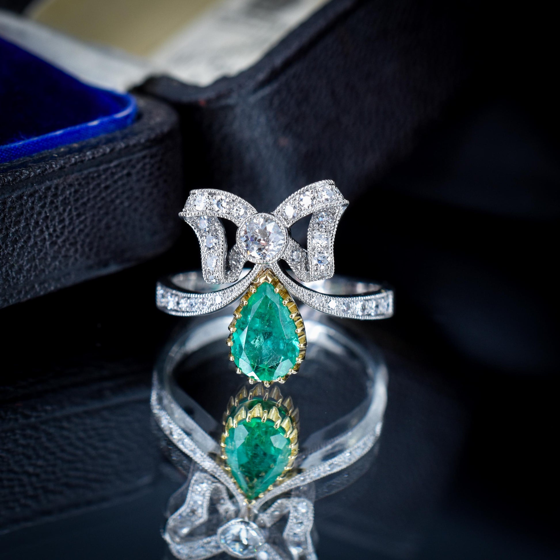 Pear Cut Emerald and Diamond Bow Platinum Tiara Ring | Engagement | Belle Epoque Style