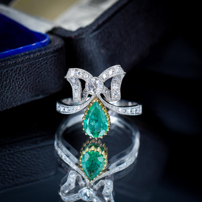 Pear Cut Emerald and Diamond Bow Platinum Tiara Ring | Engagement | Belle Epoque Style