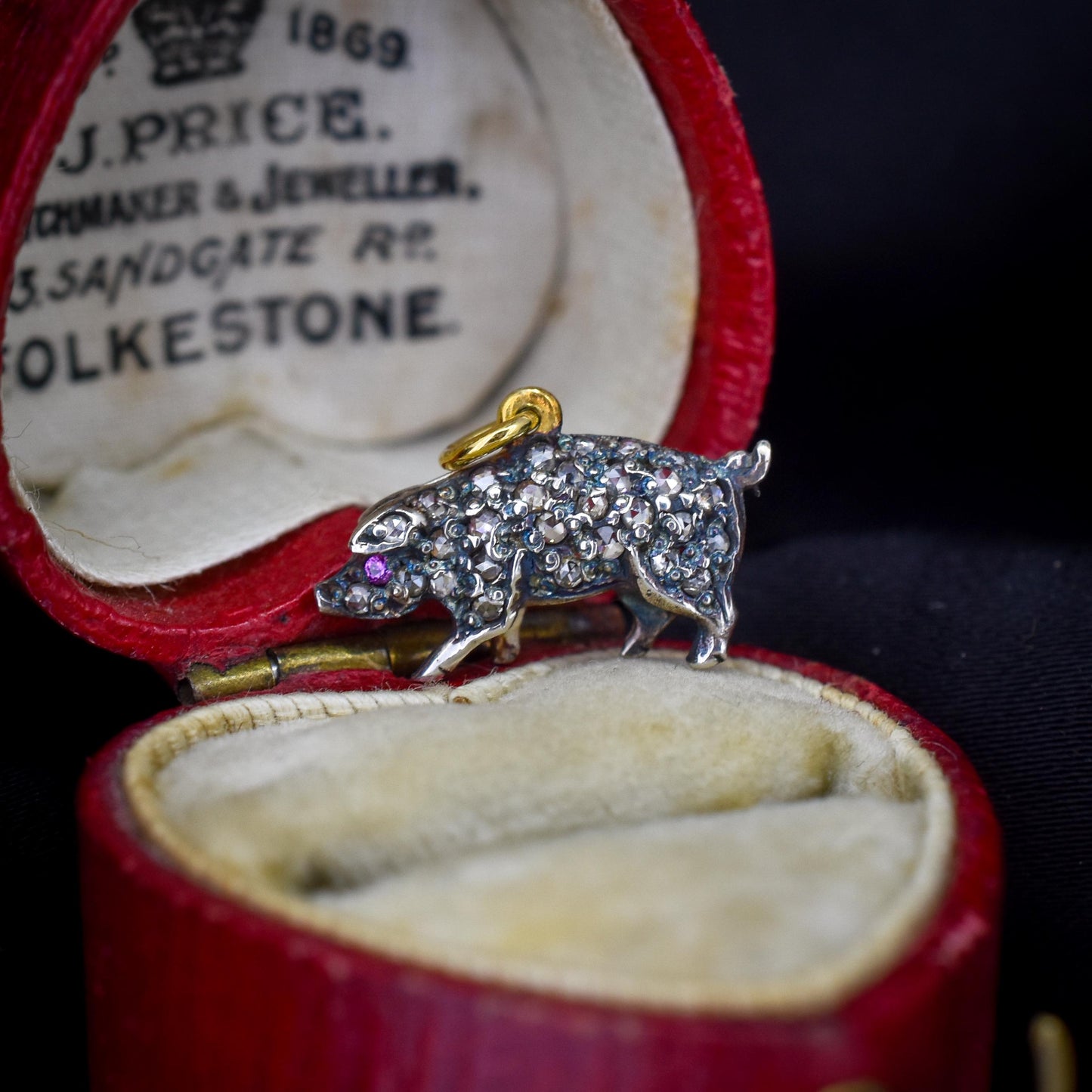 Rose-cut Diamond and Ruby Pig Charm Pendant