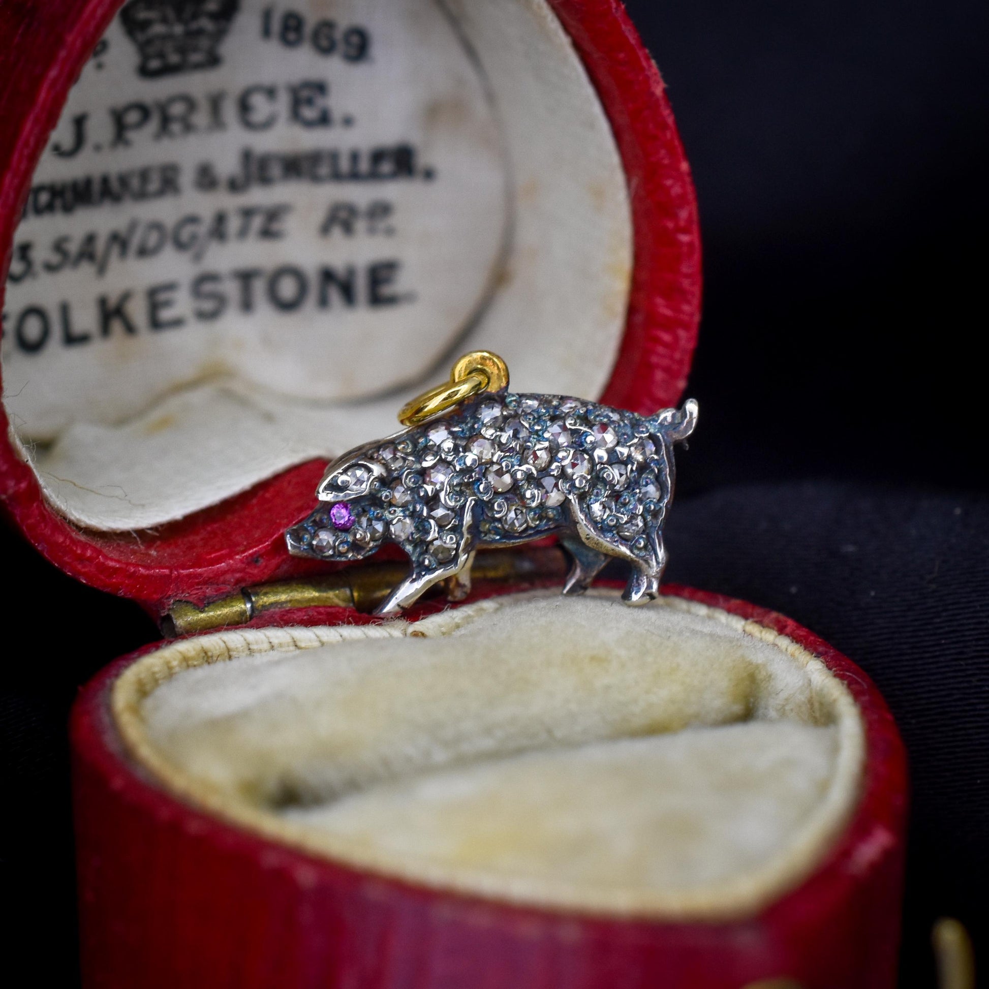 Rose-cut Diamond and Ruby Pig Charm Pendant