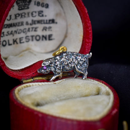 Rose-cut Diamond and Ruby Pig Charm Pendant