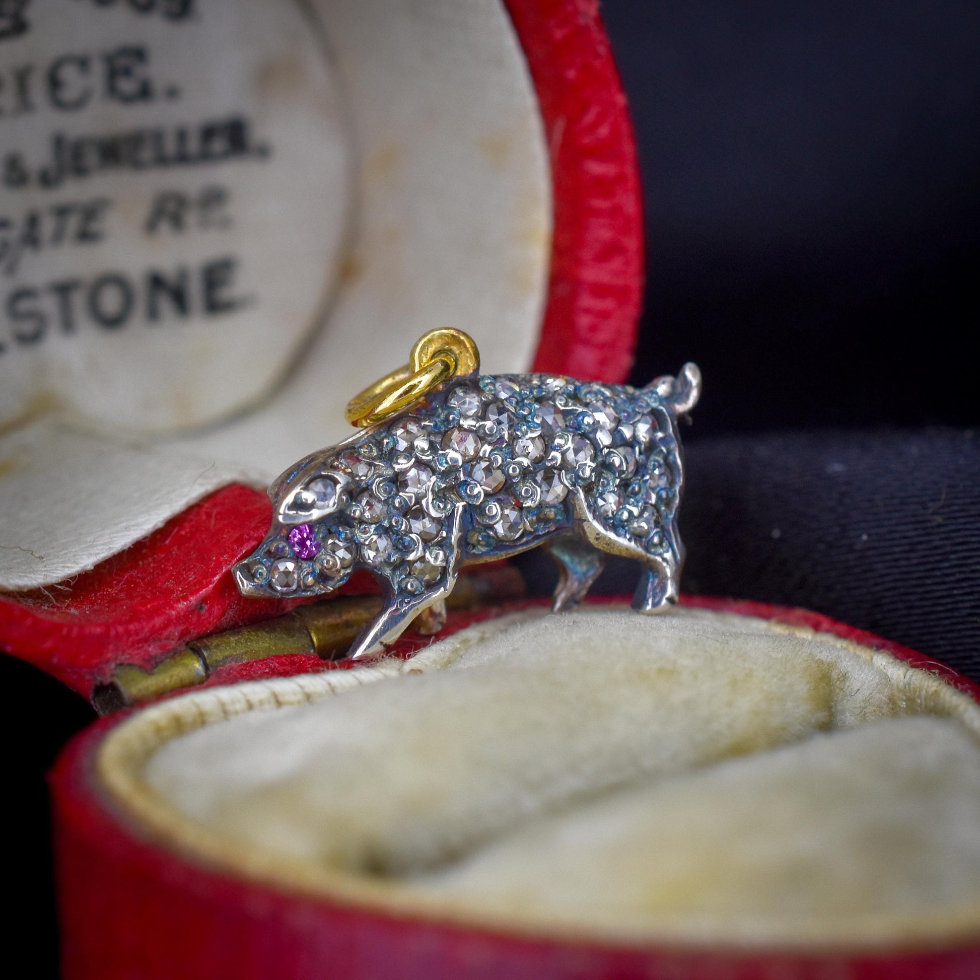 Rose-cut Diamond and Ruby Pig Charm Pendant