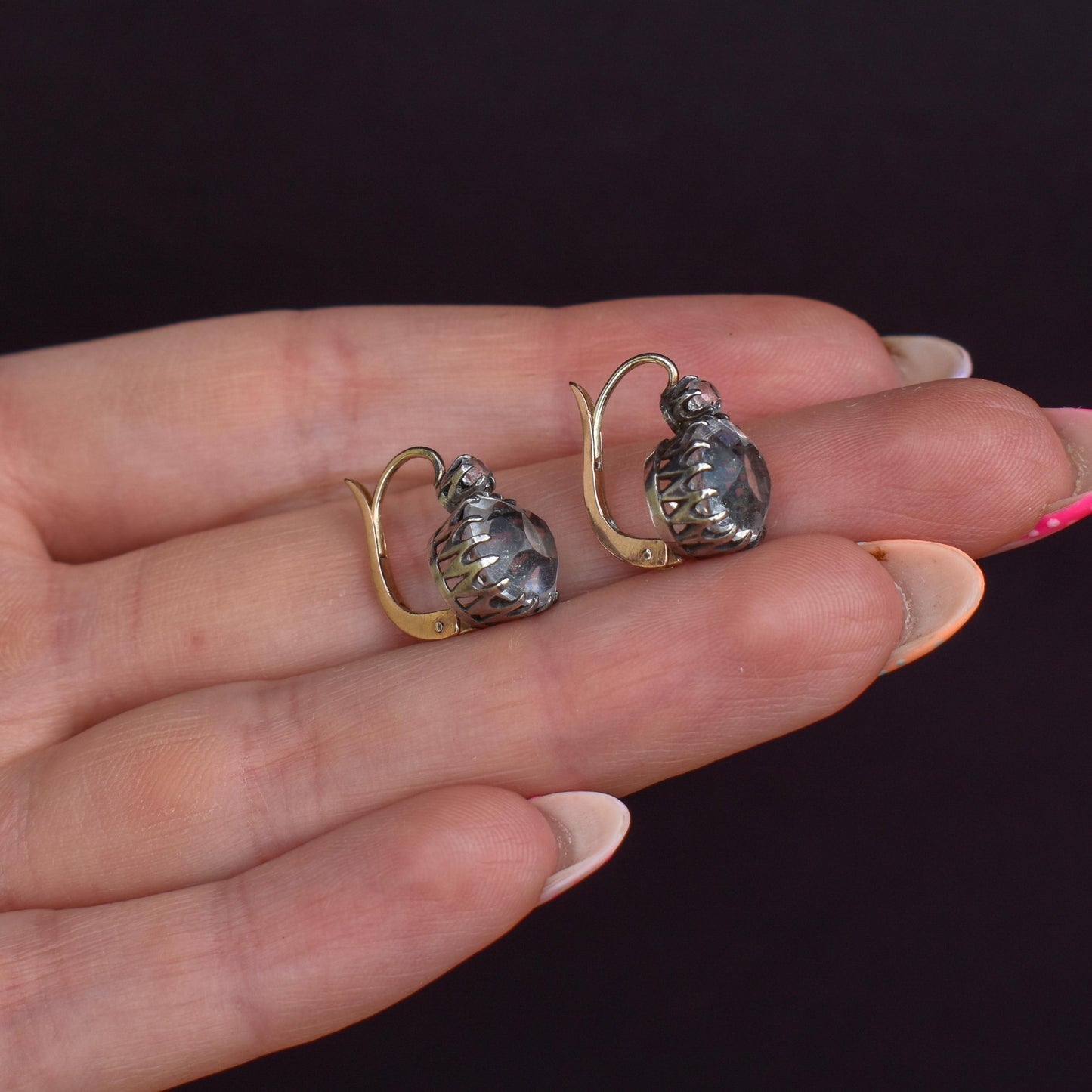 Antique Old Cut Paste Silver and 18ct Gold Dormeuse Earrings