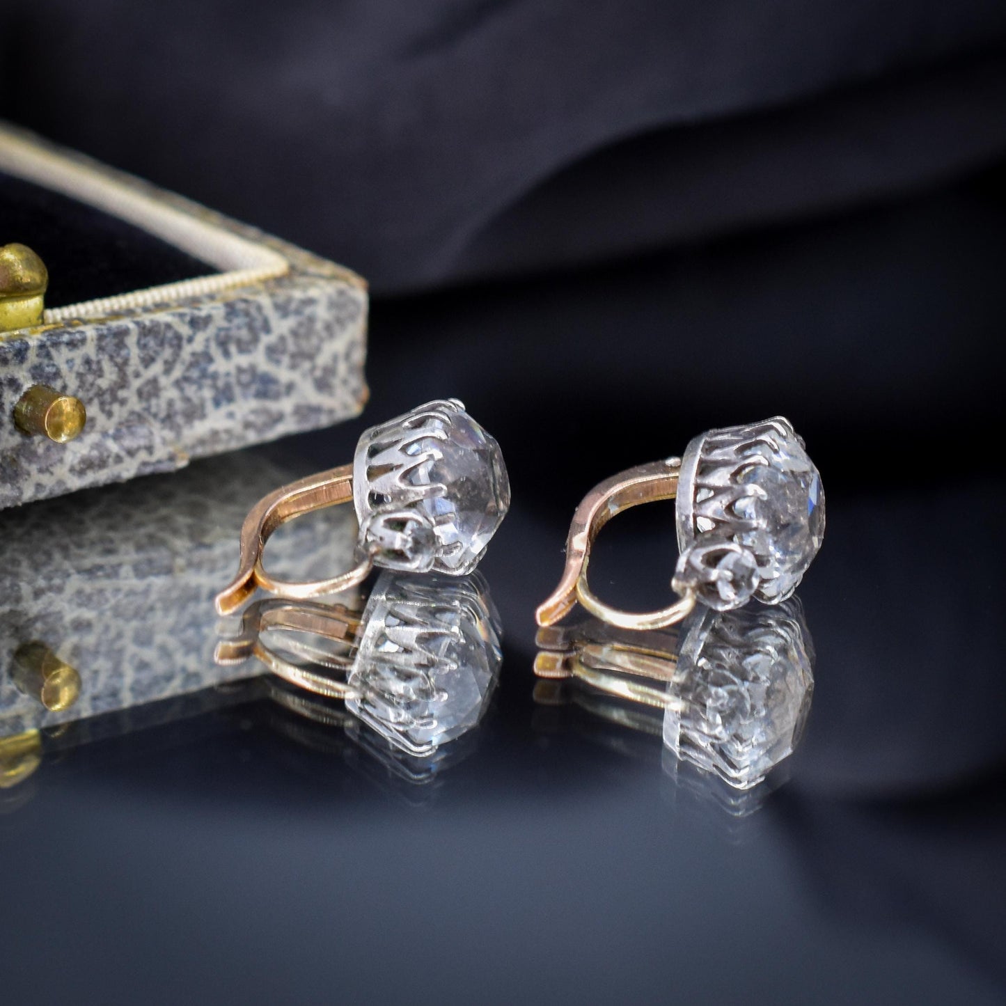 Antique Old Cut Paste Silver and 18ct Gold Dormeuse Earrings