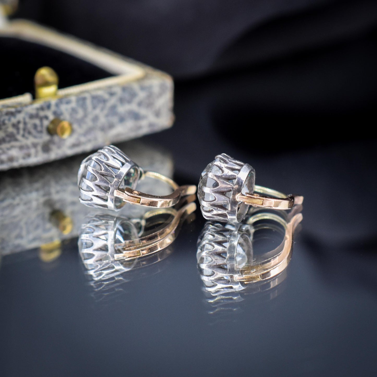 Antique Old Cut Paste Silver and 18ct Gold Dormeuse Earrings