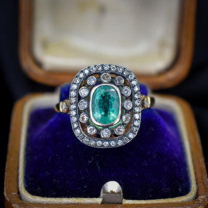 Emerald and Diamond Oval Cluster Halo Yellow Gold and Silver Ring | Antique Style