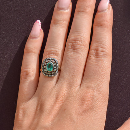 Emerald and Diamond Oval Cluster Halo Yellow Gold and Silver Ring | Antique Style