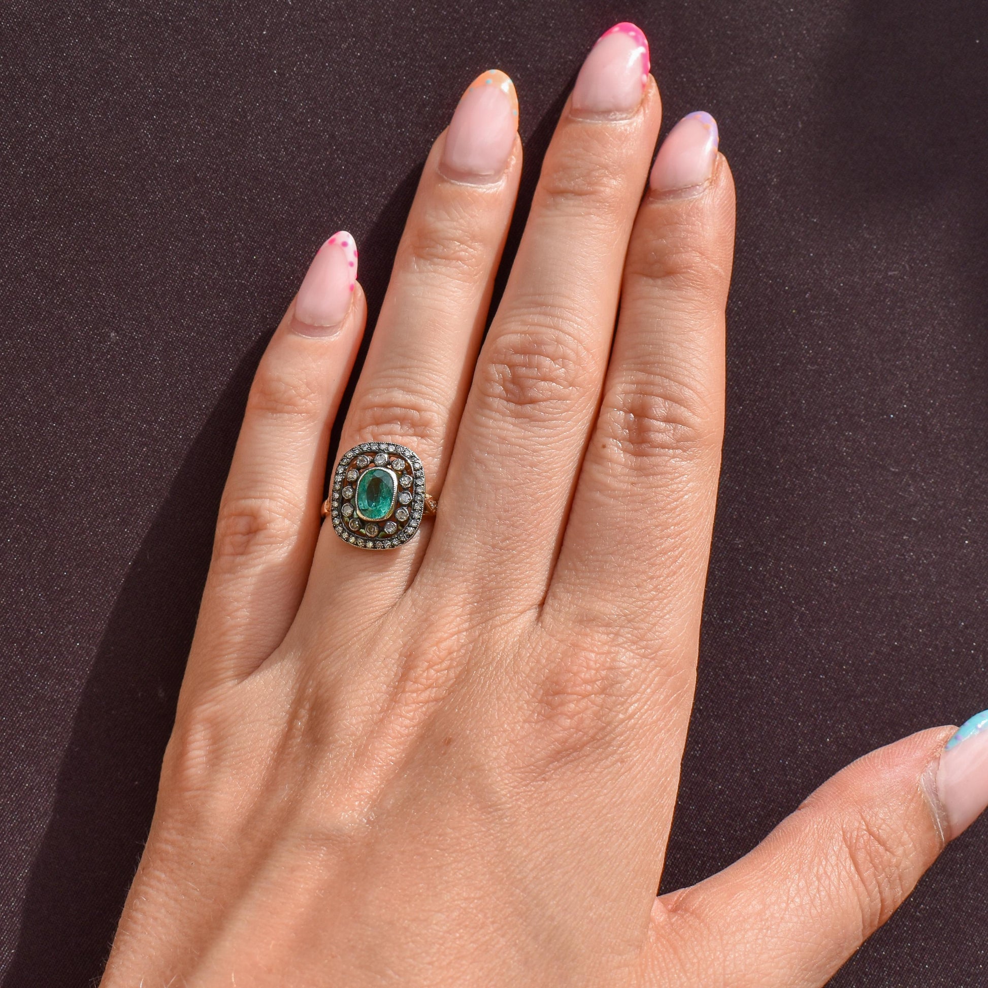 Emerald and Diamond Oval Cluster Halo Yellow Gold and Silver Ring | Antique Style
