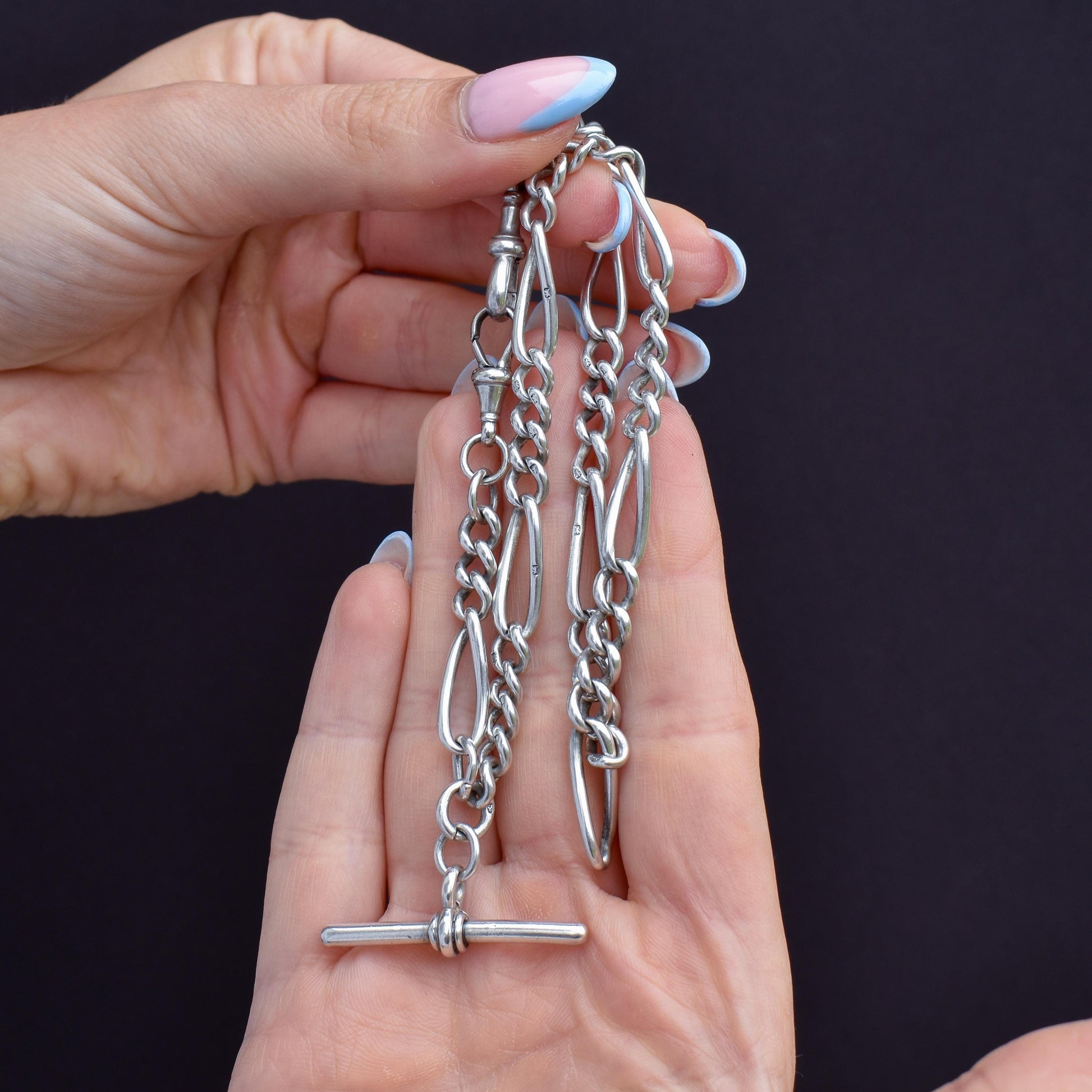 Antique Sterling Silver Figaro Double Albert Watch Chain Necklace with T-bar – 15.5″