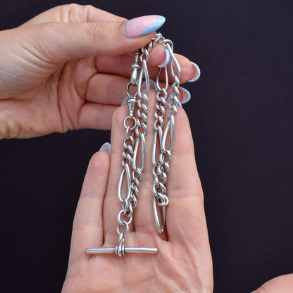 Antique Sterling Silver Figaro Double Albert Watch Chain Necklace with T-bar – 15.5″