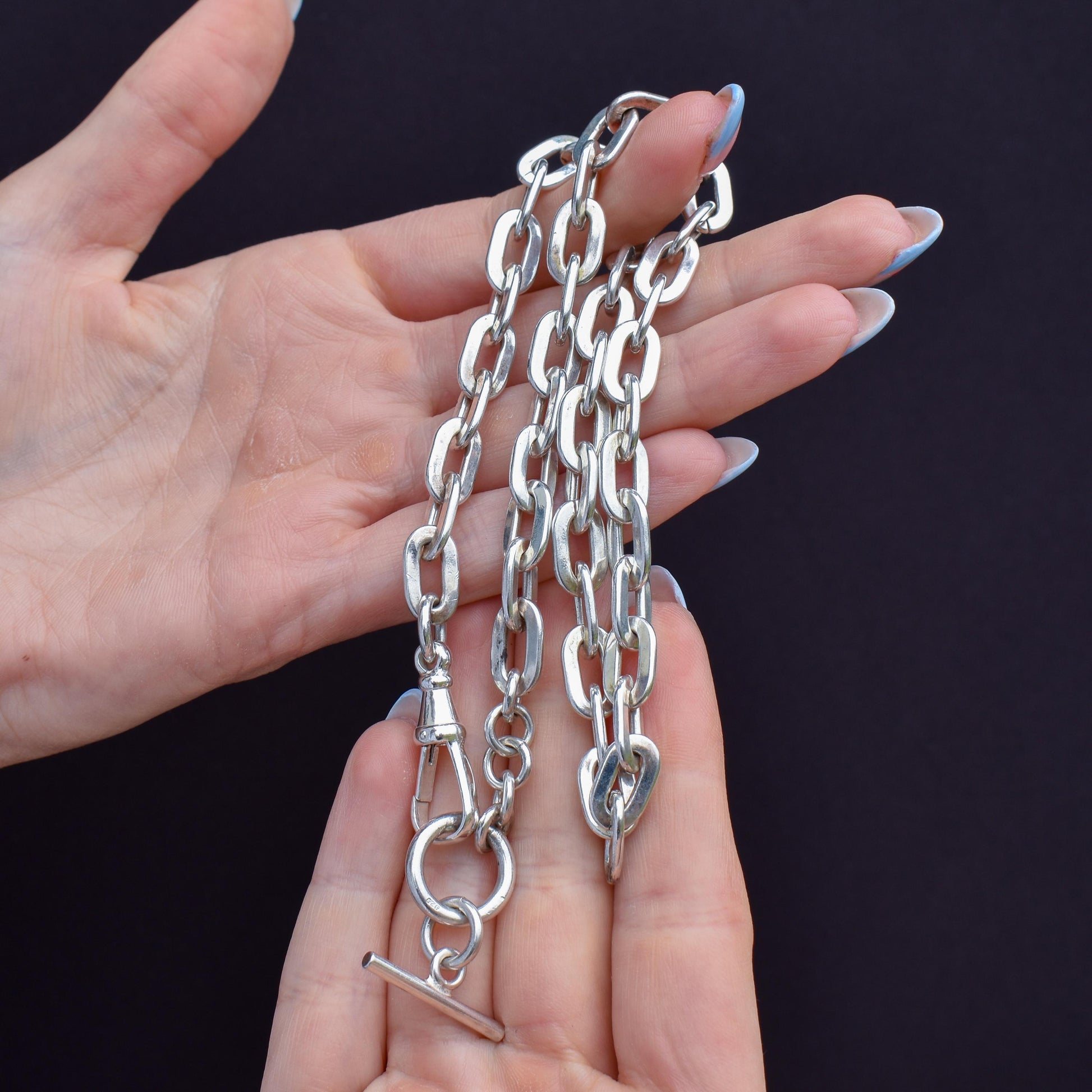 Vintage Silver Flat Edge Oval Link Toggle T-Bar Chain Necklace with Dog Clip 19"