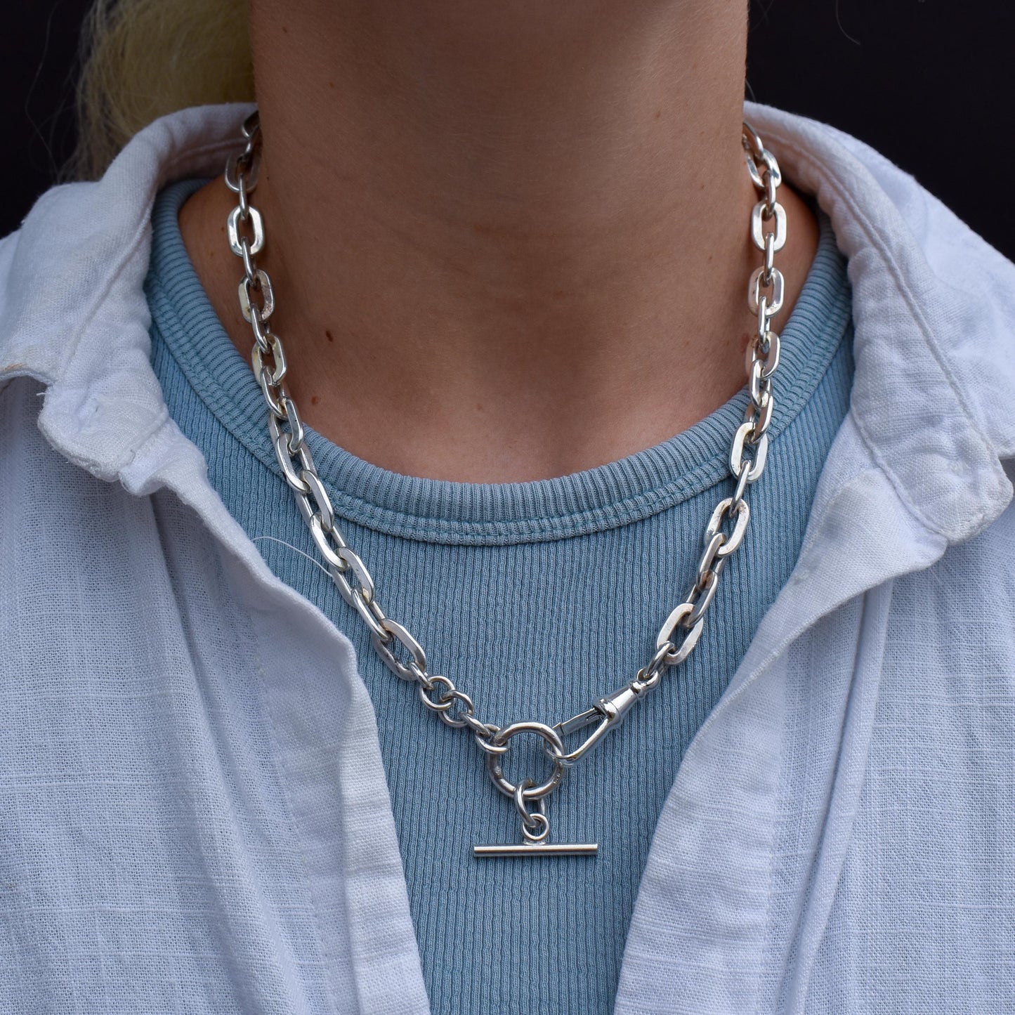 Vintage Silver Flat Edge Oval Link Toggle T-Bar Chain Necklace with Dog Clip 19"