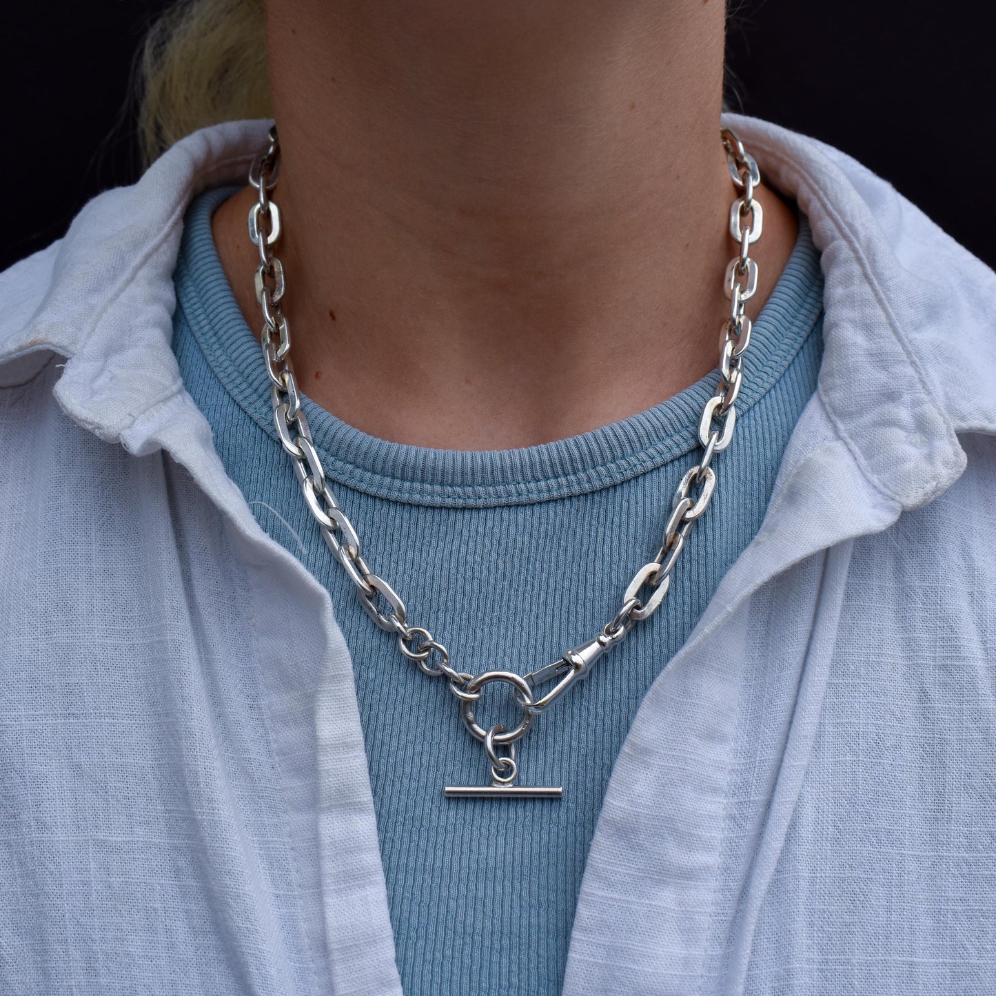 Vintage Silver Flat Edge Oval Link Toggle T-Bar Chain Necklace with Dog Clip 19"