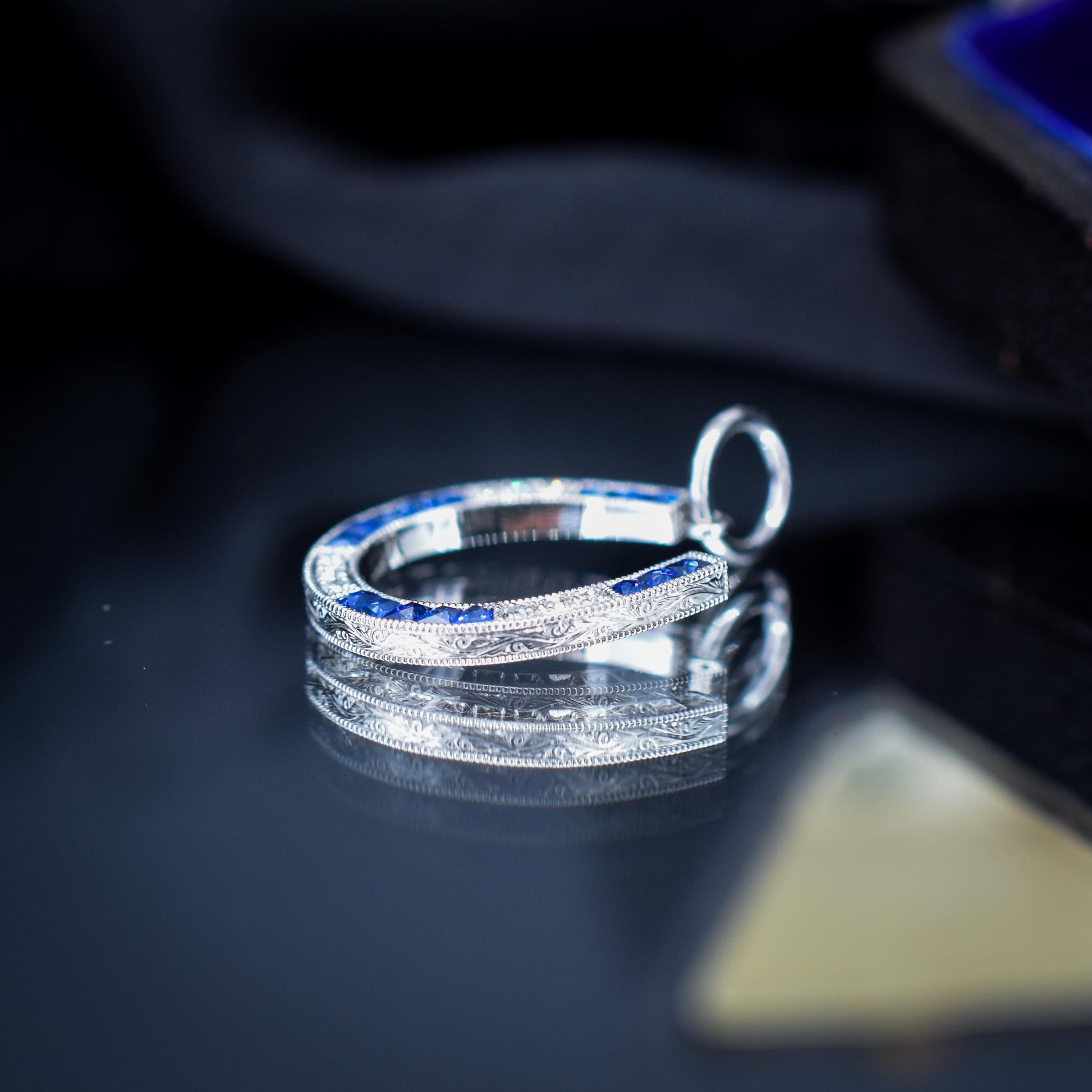 French Cut Blue Sapphire and Diamond Horseshoe Platinum Charm Pendant