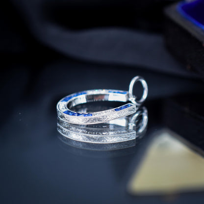 French Cut Blue Sapphire and Diamond Horseshoe Platinum Charm Pendant