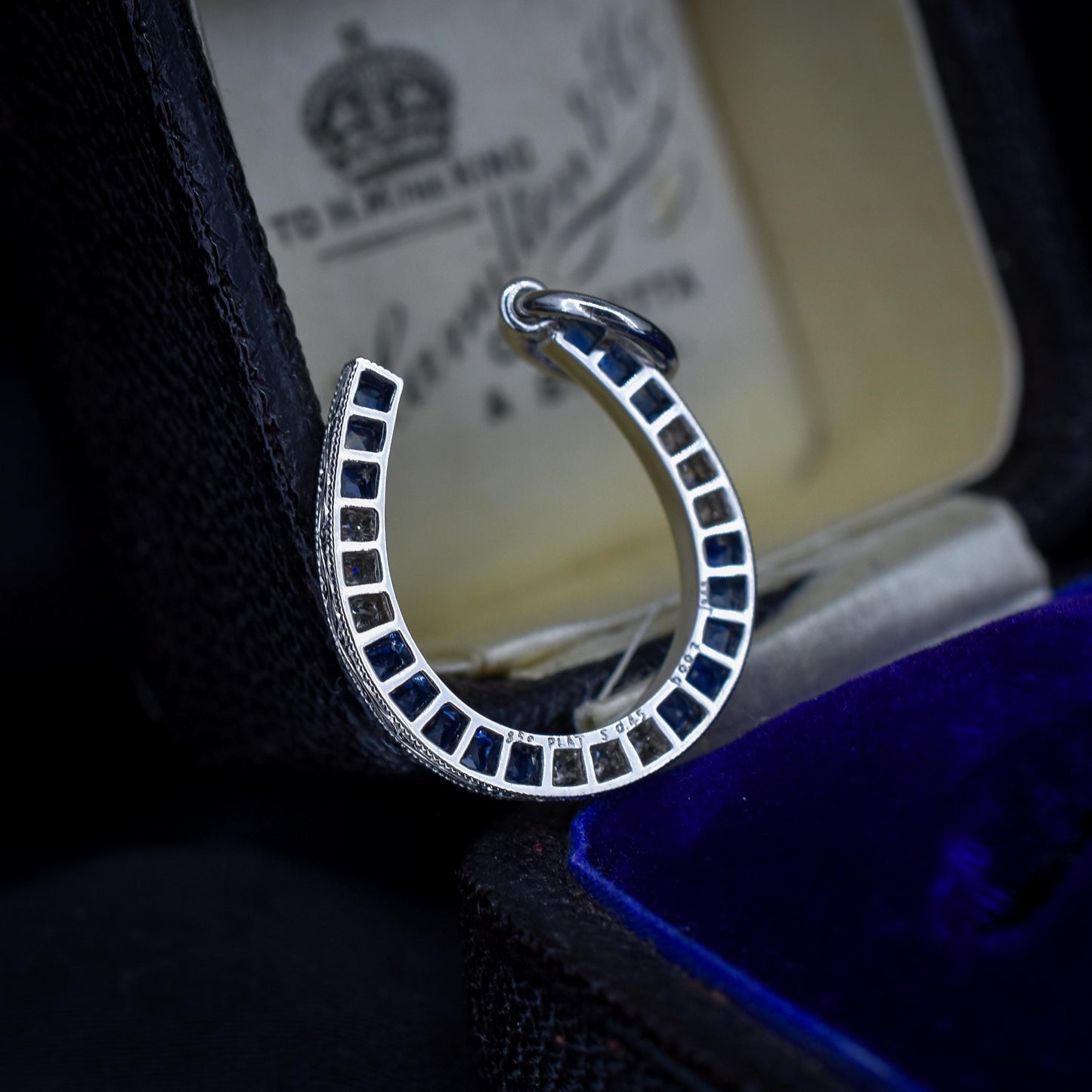 French Cut Blue Sapphire and Diamond Horseshoe Platinum Charm Pendant
