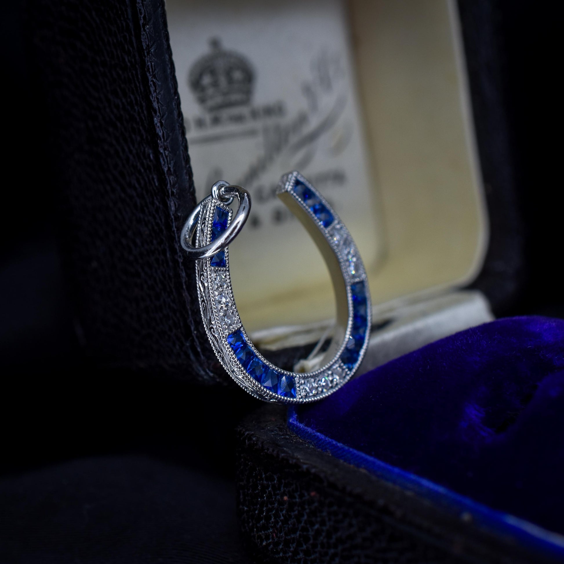 French Cut Blue Sapphire and Diamond Horseshoe Platinum Charm Pendant