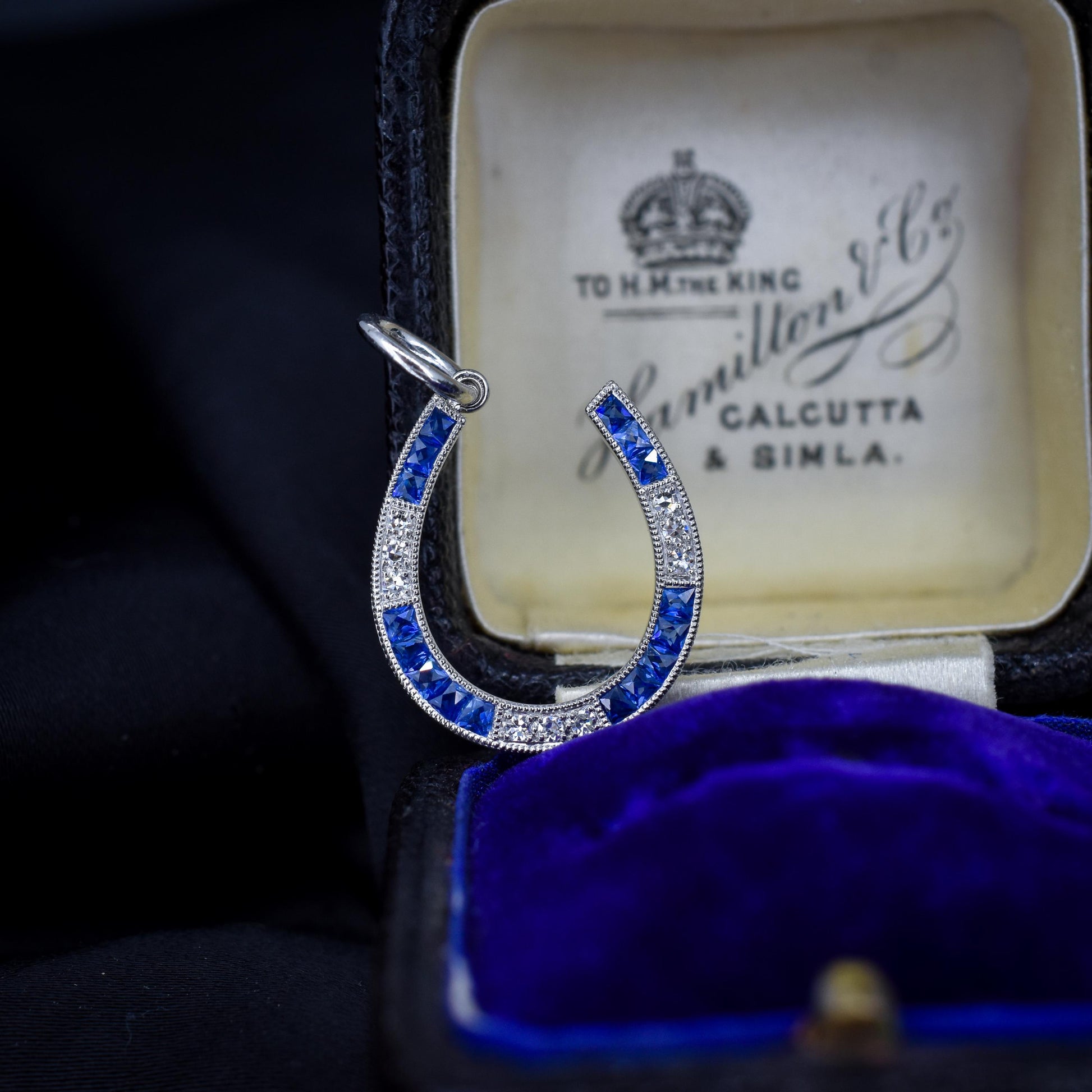 French Cut Blue Sapphire and Diamond Horseshoe Platinum Charm Pendant