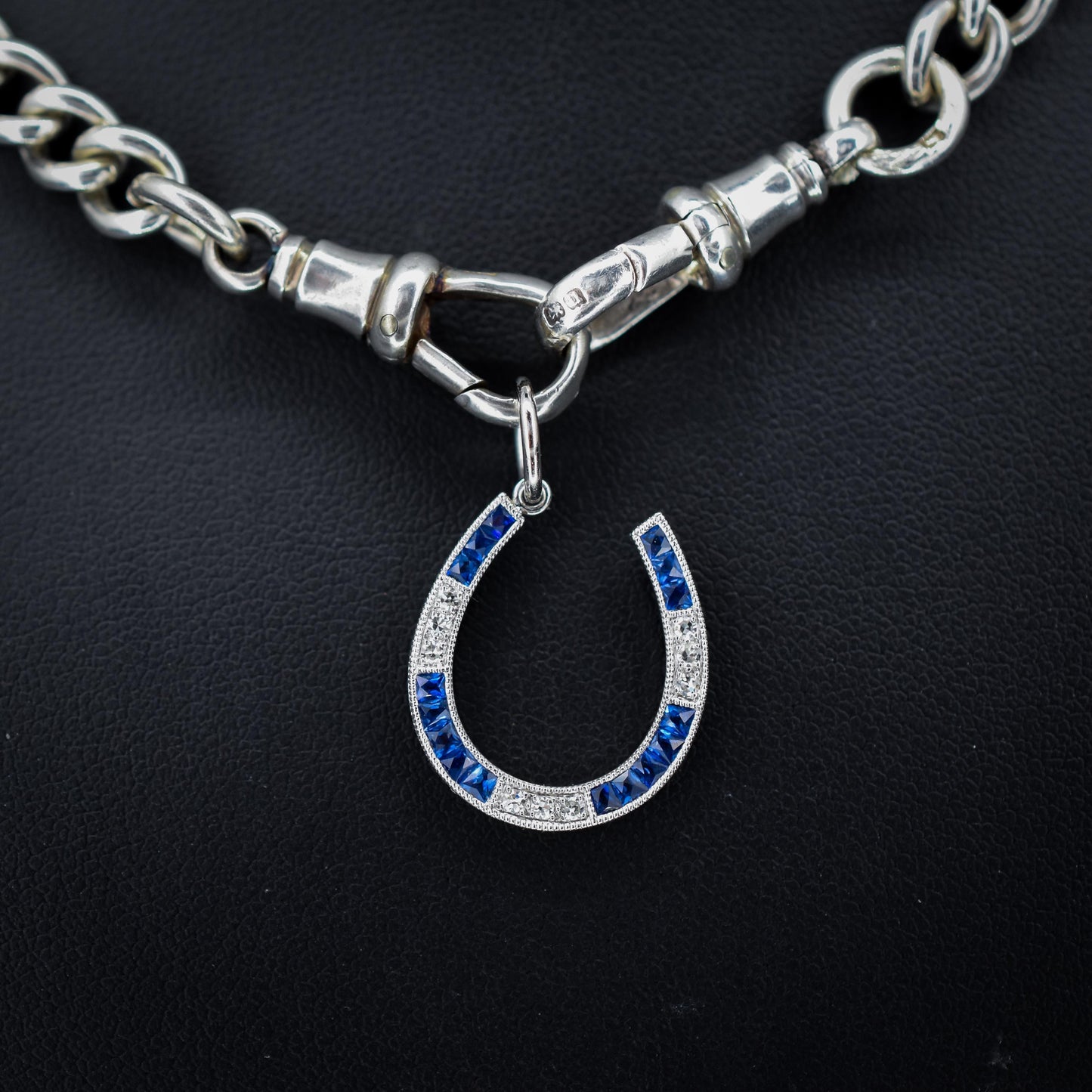 French Cut Blue Sapphire and Diamond Horseshoe Platinum Charm Pendant