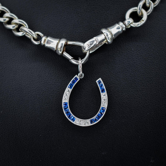 French Cut Blue Sapphire and Diamond Horseshoe Platinum Charm Pendant