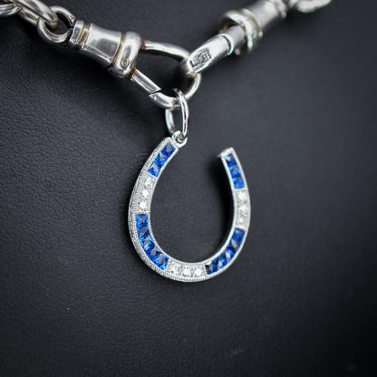 French Cut Blue Sapphire and Diamond Horseshoe Platinum Charm Pendant