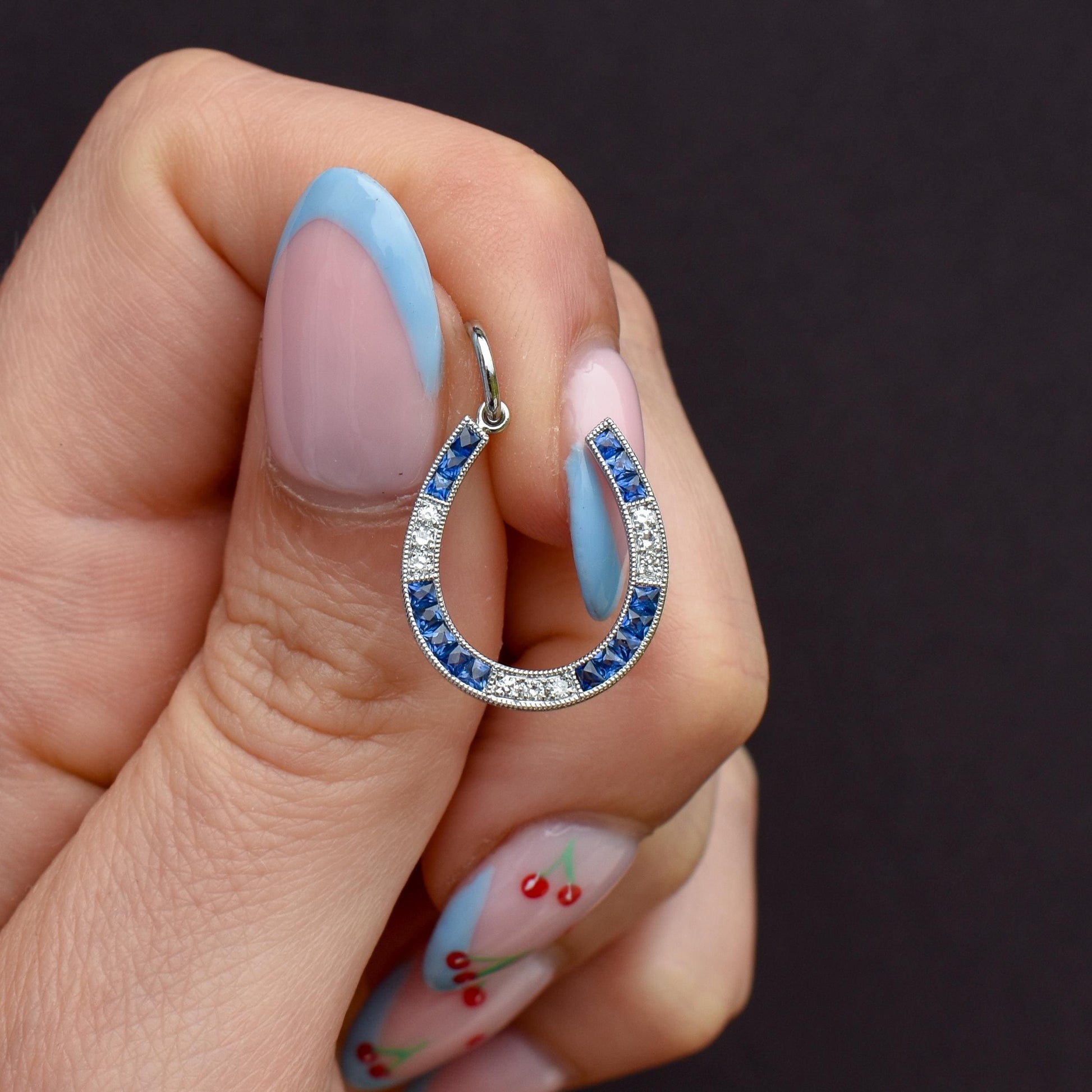 French Cut Blue Sapphire and Diamond Horseshoe Platinum Charm Pendant