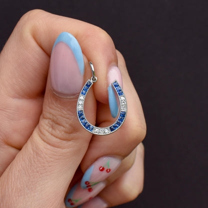 French Cut Blue Sapphire and Diamond Horseshoe Platinum Charm Pendant