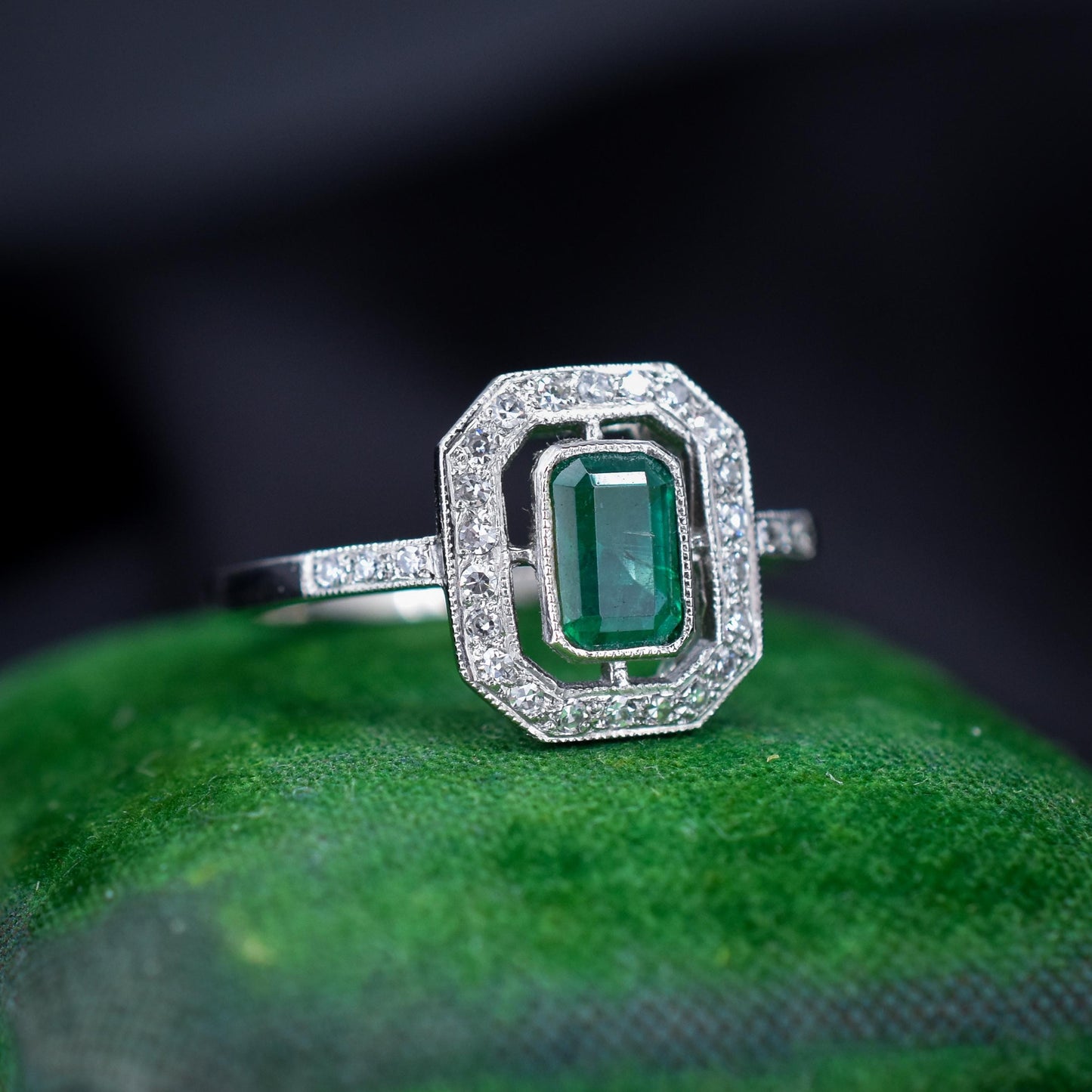 Art Deco Style Natural Emerald and Diamond Halo Platinum Ring